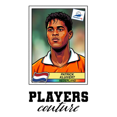 Patrick Kluivert World Cup Sticker Men's T-Shirt – white close-up detail shot of the Patrick Kluivert Players Couture logo
