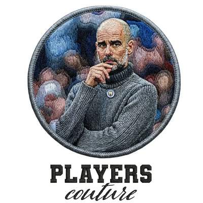 Pep Guardiola Badge Men's Hoodie – white close-up detail shot of the Pep Guardiola Players Couture logo design
