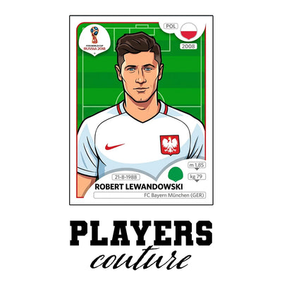 Robert Lewandowski World Cup Sticker Men's T-Shirt – white close-up detail shot of the Robert Lewandowski Players Couture