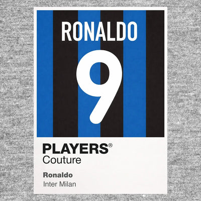 Ronaldo 9 Football Shirt Frame Men's Hoodie – grey close-up detail shot of the Ronaldo Players Couture logo design