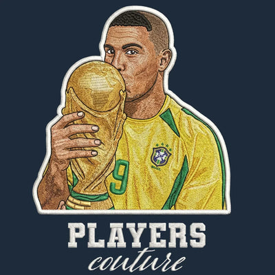 Ronaldo World Cup Badge Men's Hoodie – navy close-up detail shot of the Ronaldo Nazario Players Couture logo design