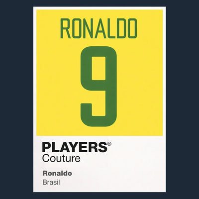 Ronaldo 9 Brazil Football Shirt Frame Men's Hoodie – navy close-up detail shot of the Ronaldo Players Couture logo design