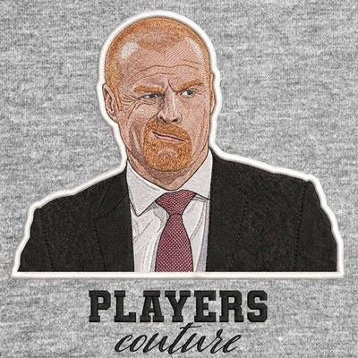 Sean Dyche Badge Men's Hoodie – grey close-up detail shot of the Sean Dyche Players Couture logo design