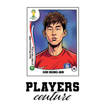 Son Heung Min World Cup Sticker Men's T-Shirt – white close-up detail shot of the Son Heung Min Players Couture logo design