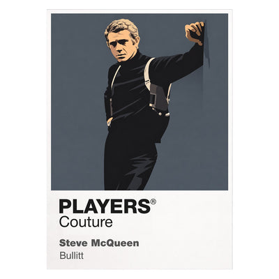 Steve McQueen – Bullitt Frank Bullitt beside the dark green Mustang, roll-neck and cool San Francisco detective silhouette Icon Frame artwork on white
