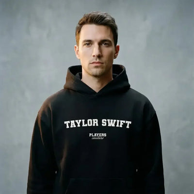 Taylor Swift hoodie – navy men's hoodie with white Taylor Swift letters and Players Couture logo on the chest
