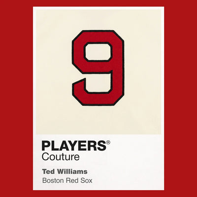 Ted Williams 9 Jersey Frame Men's T-Shirt – red close-up detail shot of the Ted Williams 9 Players Couture logo design