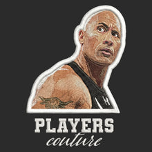 The Rock Badge Men's Hoodie – white close-up detail shot of the The Rock Players Couture logo design