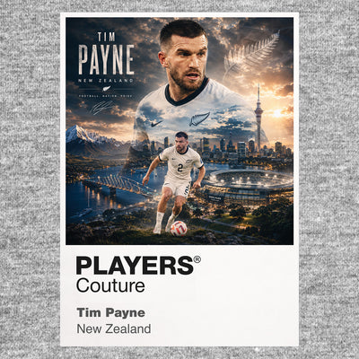 Soccer player Tim Payne with New Zealand's skyline and landmarks on a 'Players Couture' branded poster.