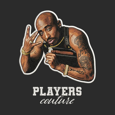 Tupac Shakur Badge Men's Hoodie – white close-up detail shot of the Tupac Shakur Players Couture logo design