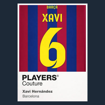 Xavi Hernandez 6 Football Shirt Frame Men's Hoodie – navy close-up detail shot of the Xavi Hernandez Players Couture logo