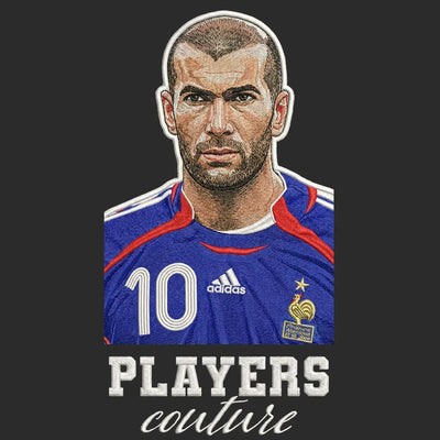 Zinedine Zidane Badge Men's Hoodie – black close-up detail shot of the Zinedine Zidane Players Couture logo design