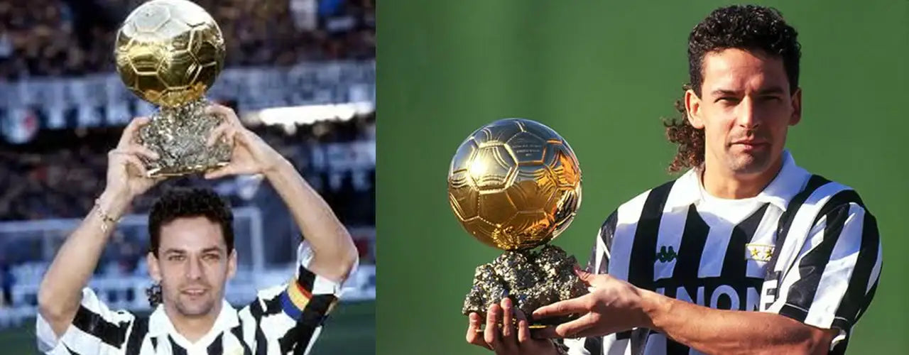Soccer player in black and white striped jersey holding Ballon d'Or trophy, sports fashion inspiration