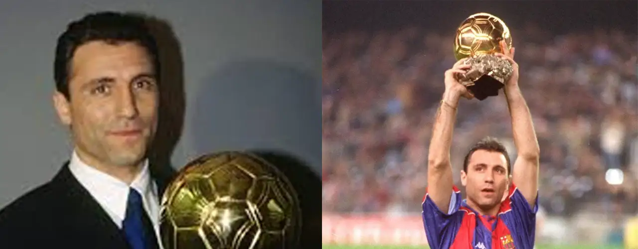 Football player with Ballon d'Or trophy, wearing FC Barcelona jersey, sports fashion highlight