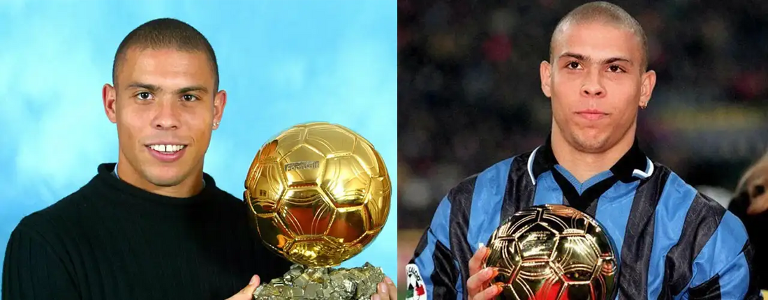 Football player in black sweater and blue-striped jersey holding Ballon d'Or trophy, Players Couture style