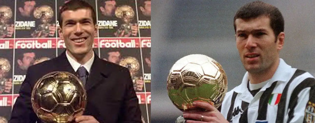 Football player holding Ballon d'Or trophy, wearing Juventus jersey and suit, Players Couture style