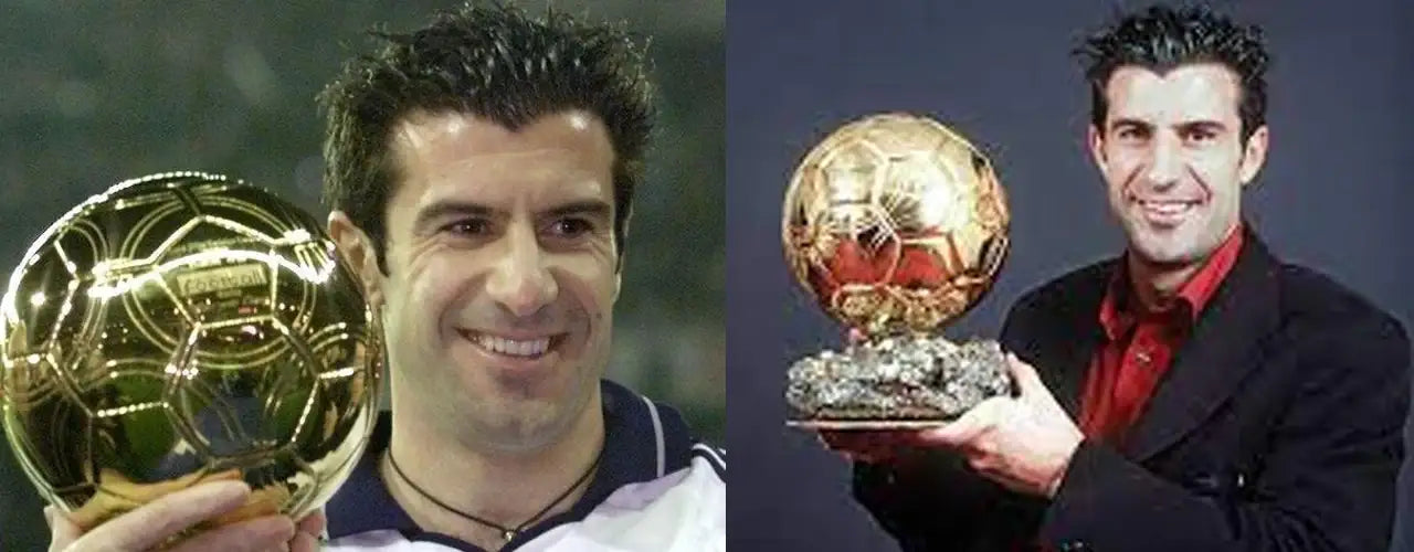 Smiling footballer holding a golden Ballon d'Or trophy, sports fashion inspiration