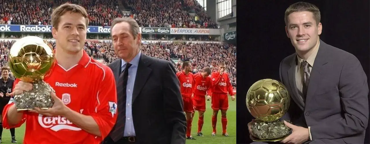 Football player in red Liverpool kit holding Ballon d'Or trophy on field, Players Couture sports fashion