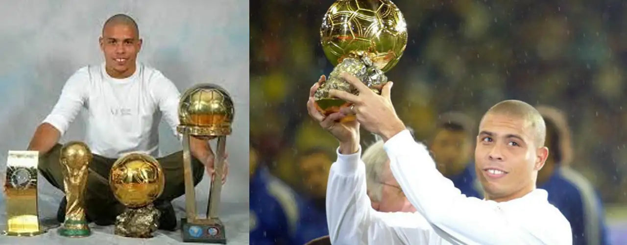 Male athlete in white top with sports trophies and golden football award, Players Couture style