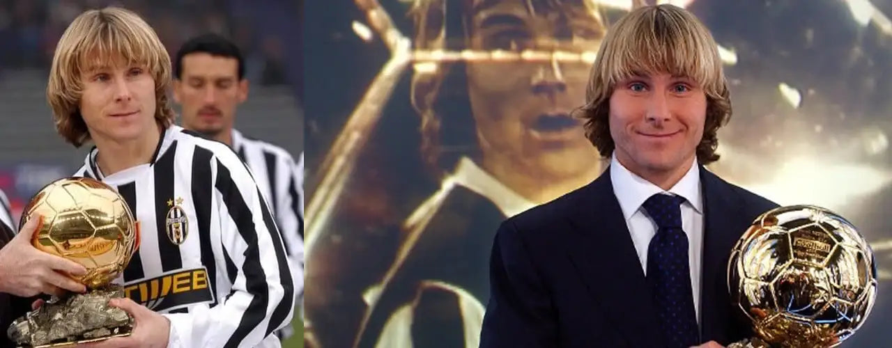 Footballer in Juventus jersey and suit holding Ballon d'Or trophy, sports fashion inspiration