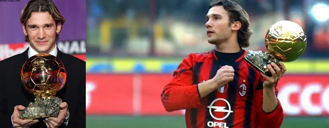Soccer player with Ballon d'Or trophy in AC Milan jersey, sports fashion inspiration