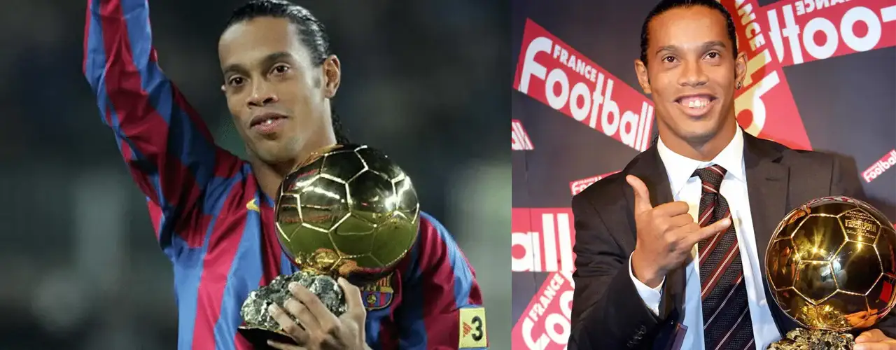 Soccer player holding Ballon d'Or trophy in Barcelona jersey and suit, sports fashion inspiration