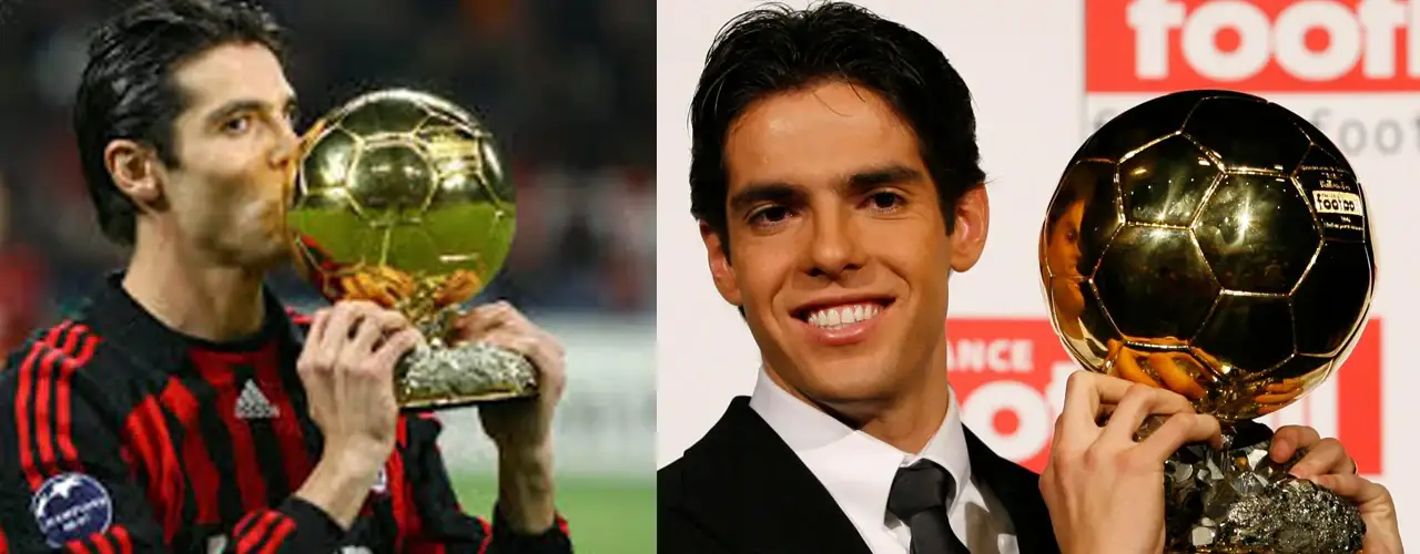 Football player holding Ballon d'Or trophy, showcasing sports fashion and achievement.
