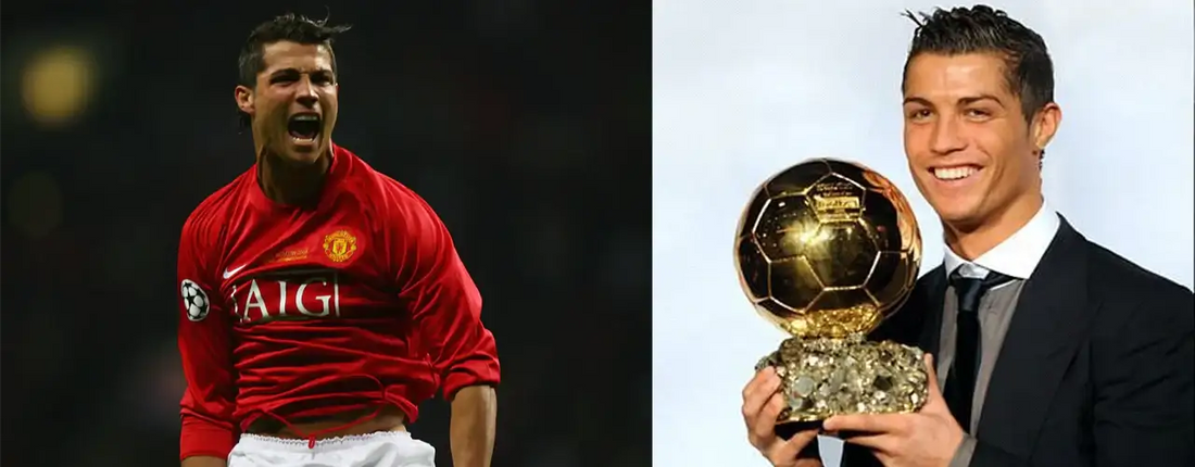 Football player in Manchester team jersey celebrates and holds Ballon d'Or trophy, sports fashion