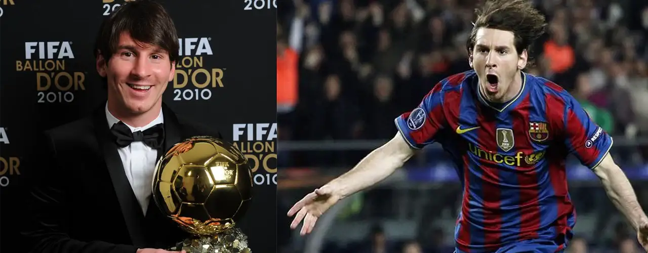 Soccer player in a tux holding Ballon d'Or trophy and in Barcelona jersey celebrating on field