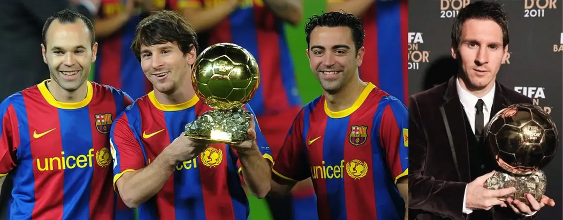 Three FC Barcelona players in red and blue jerseys pose with Ballon d'Or trophy, stylish sports fashion