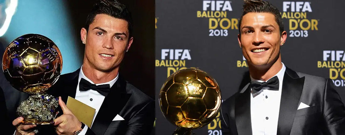 Soccer player in tuxedo holding Ballon d'Or trophy at FIFA 2013 awards event