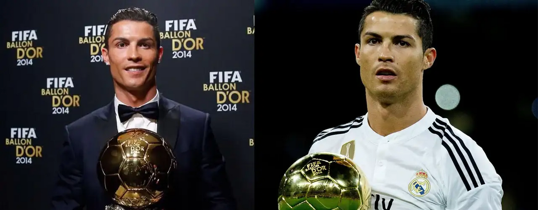 Soccer player holding FIFA Ballon d'Or 2014 trophy in suit and Real Madrid jersey