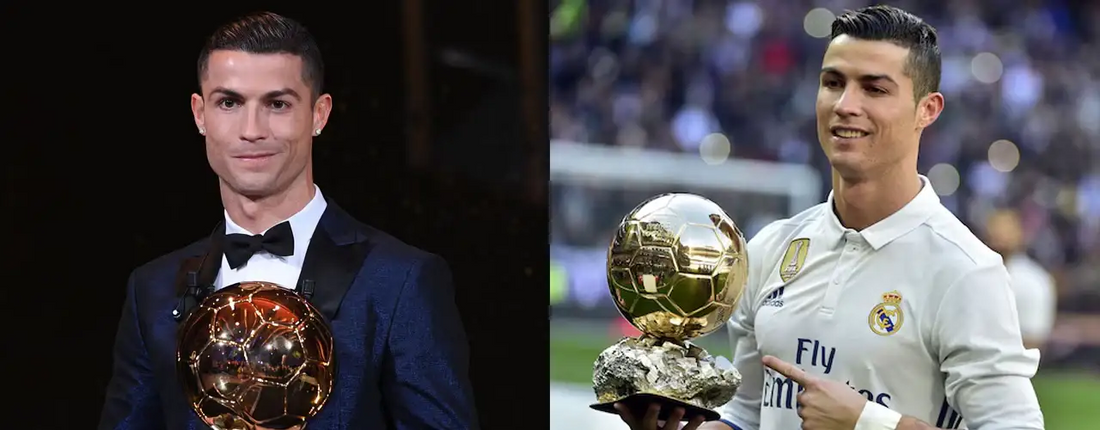 Soccer player holding Ballon d'Or trophy, stylish suit and Real Madrid jersey, sports fashion