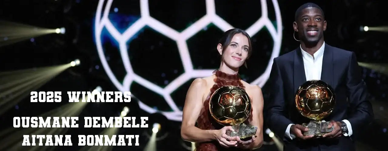 Two athletes holding gold soccer trophies on stage, 2025 winners text, Players Couture style