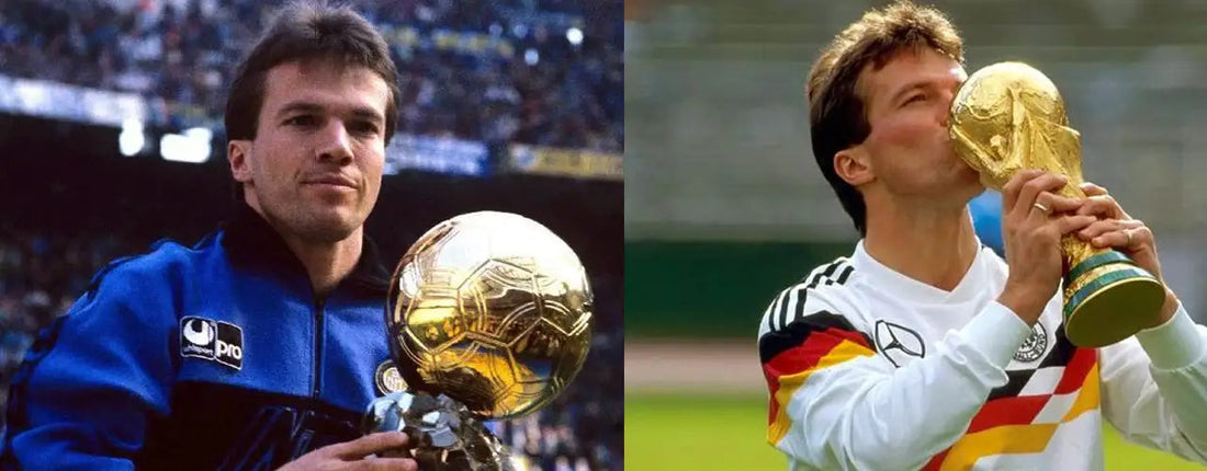 Soccer player holding Ballon d'Or and kissing World Cup trophy, featured by Players Couture