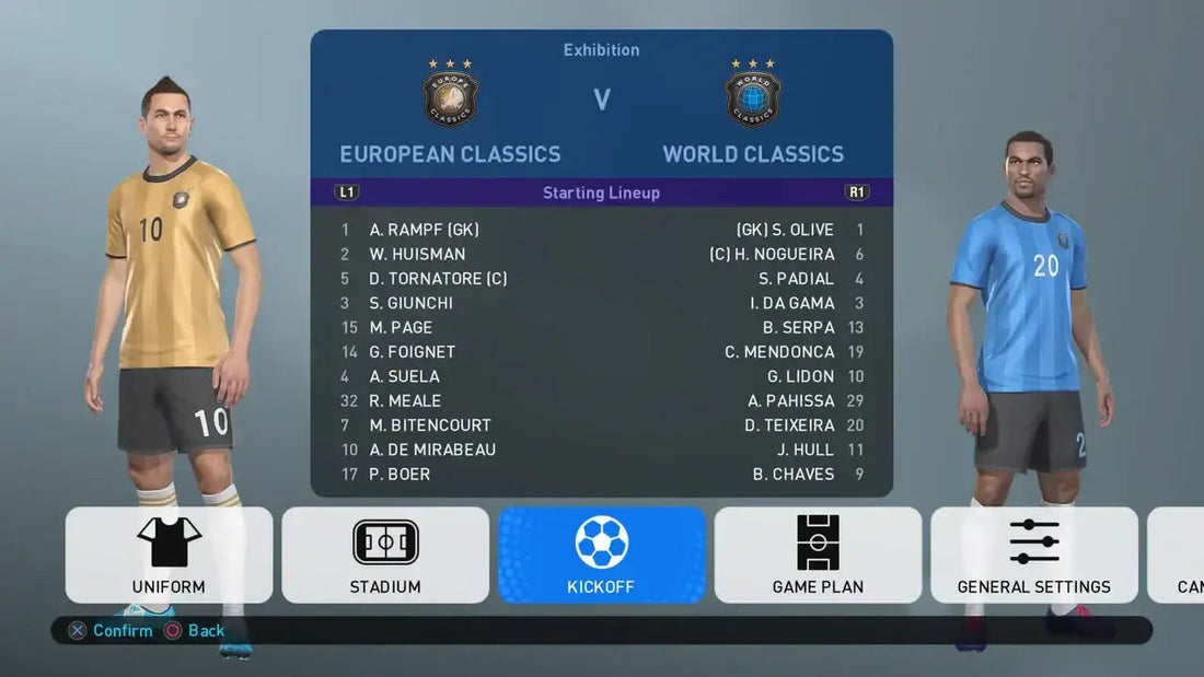 PES game screen showing European Classics vs World Classics player lineup, sports fashion focus