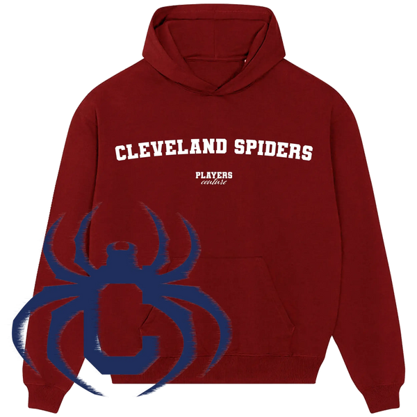 Maroon Cleveland Spiders hoodie by Players Couture with white text and blue spider logo for sports fanwear