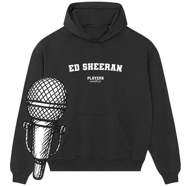 Black Players Couture hoodie with Ed Sheeran text and microphone graphic, premium fanwear