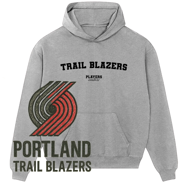 Gray Players Couture hoodie with Trail Blazers text and Portland Trail Blazers logo