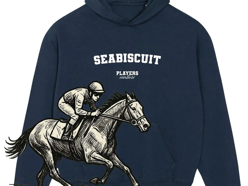 Navy Players Couture hoodie with Seabiscuit graphic and jockey, premium sports fashion fanwear