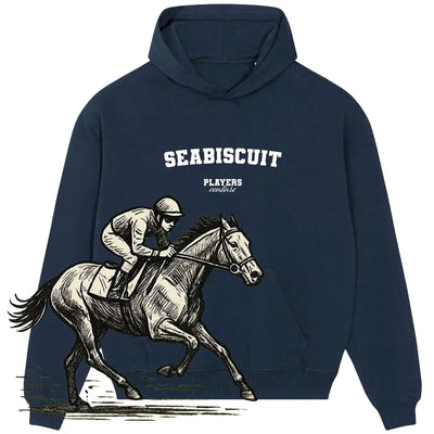 Navy Players Couture hoodie with Seabiscuit graphic and jockey, premium sports fashion fanwear