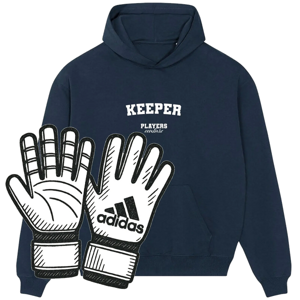Navy Players Couture Keeper hoodie with illustration of Adidas goalkeeper gloves