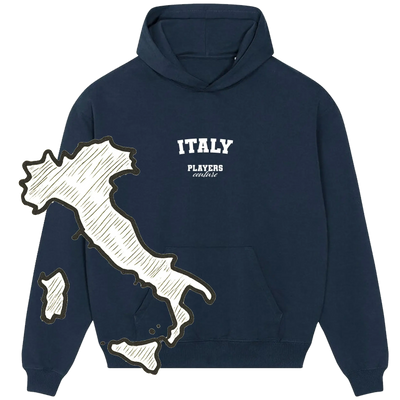 Navy Italy Players Couture hoodie with Italy map graphic, premium sports fashion apparel.