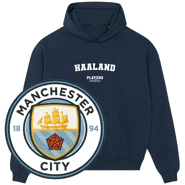 Navy HAALAND Players Couture hoodie with Manchester City badge, premium sports fanwear