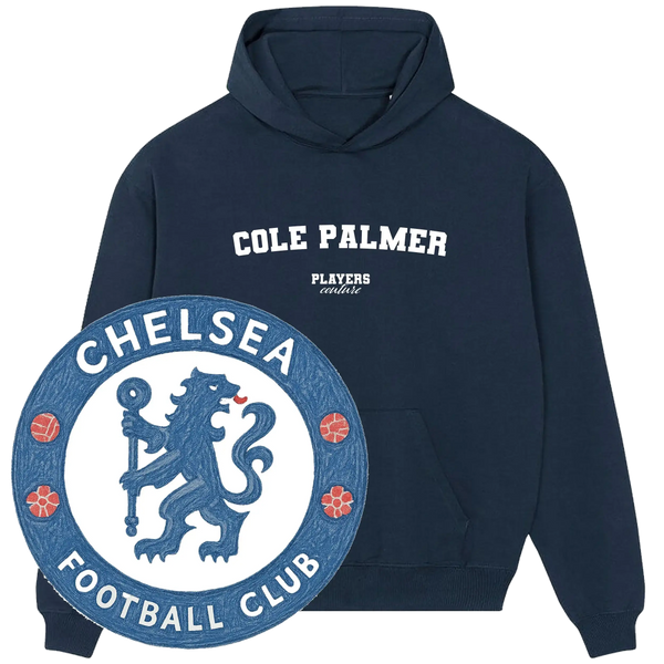 Navy Players Couture Cole Palmer hoodie with Chelsea Football Club logo, premium sports fashion.