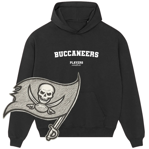 Black Buccaneers hoodie by Players Couture with white lettering and pirate flag graphic