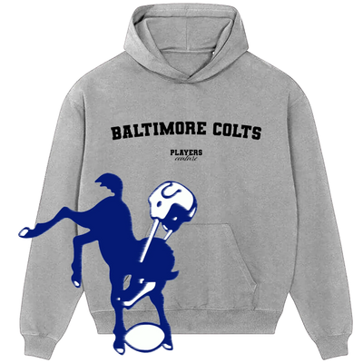 Grey Baltimore Colts hoodie by Players Couture with blue colt and football graphic, sports fanwear Clothing - Hoodies & T'Shirts