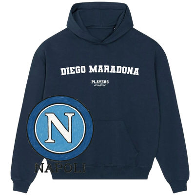 Navy blue Players Couture hoodie with 'Diego Maradona' text and Napoli football club logo