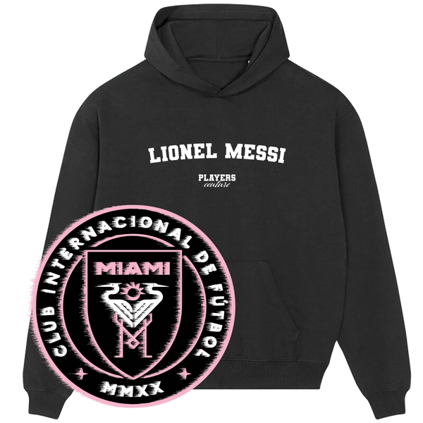 Black Players Couture hoodie with 'Lionel Messi' text, Inter Miami CF logo overlay