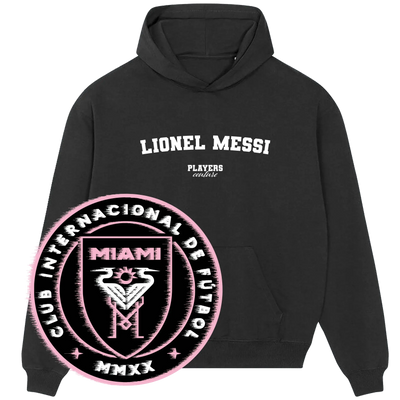 Black Players Couture hoodie with 'Lionel Messi' text, Inter Miami CF logo overlay